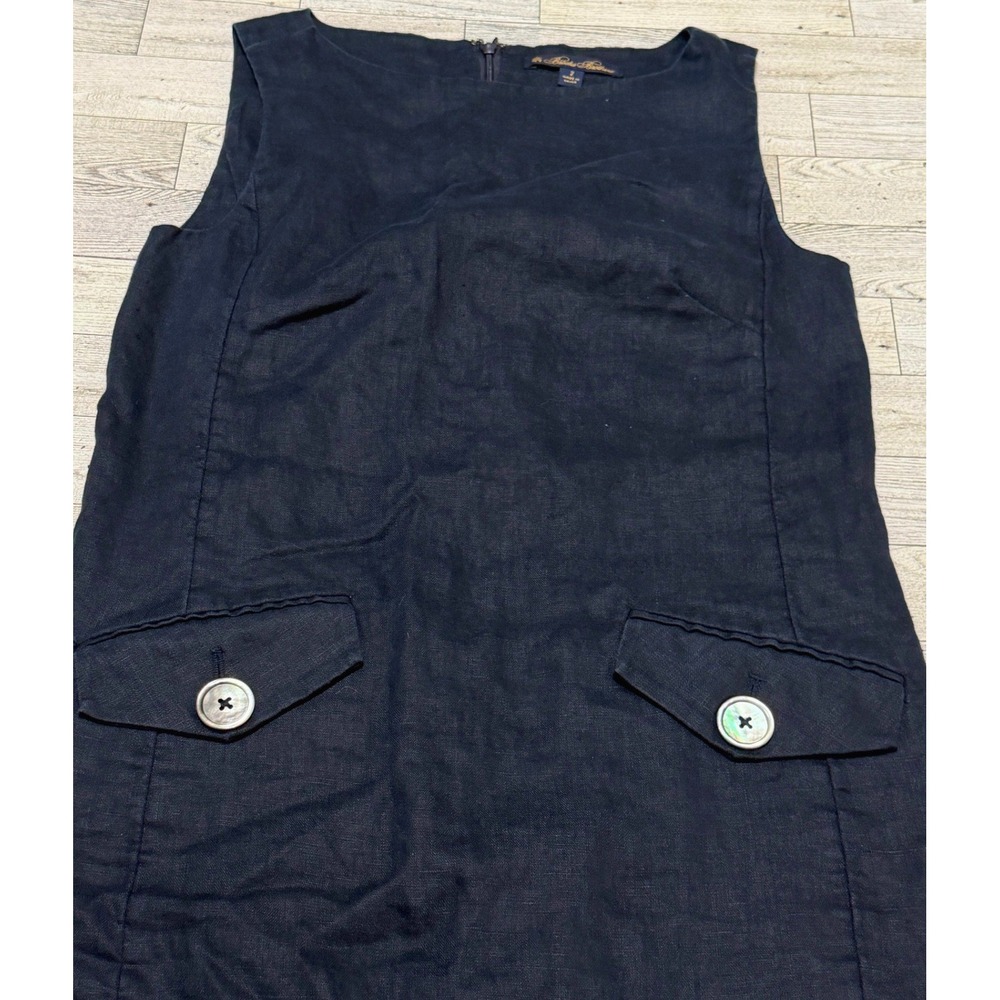 Brooks Brothers Navy Blue 100% Linen Sleeveless Shift Dress Size 2 Pocket Detail